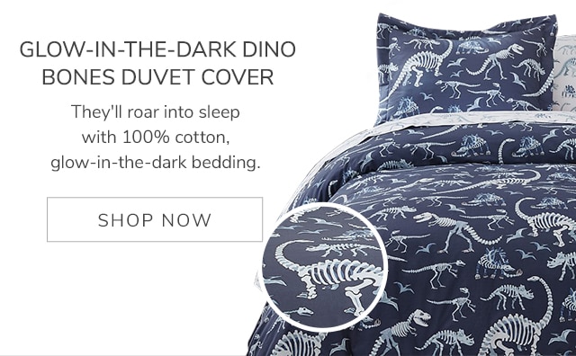 GLOW-IN-TH-DARK DINO BONES DUVET COVER - SHOP NOW