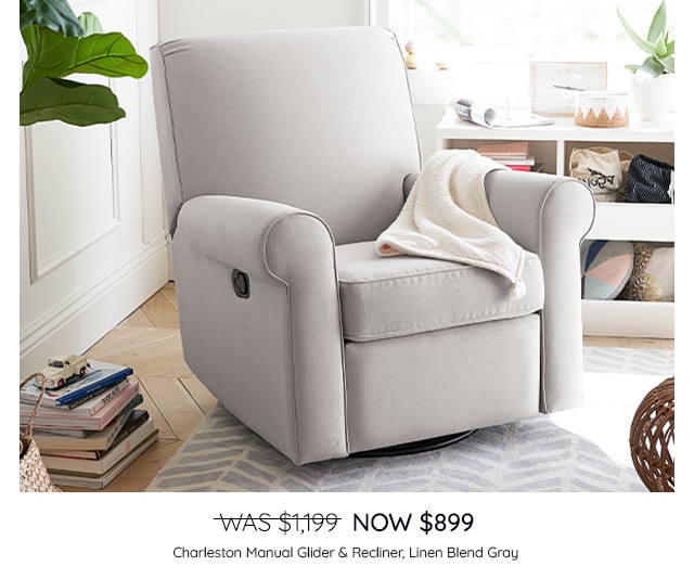 WAS $1,199, NOW $899 - SHOP CHARLESTON MANUAL GLIDER & RECLINER, LINEN BLEND GRAY