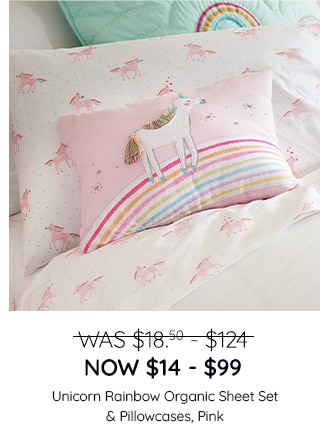 UNICORN RAINBOW ORGANIC SHEET SET & PILLOWCASES, PINK