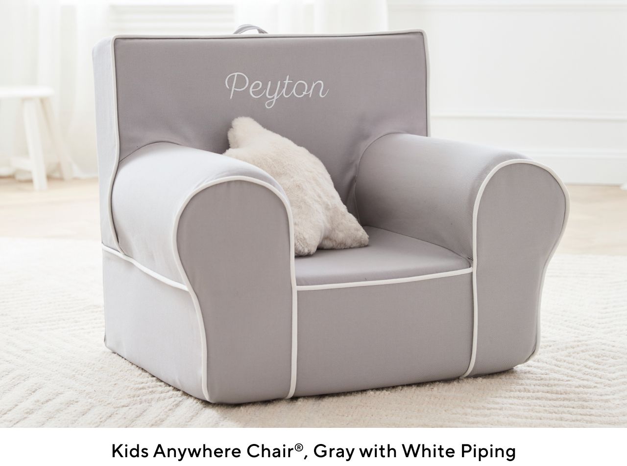 KIDS ANYWHERE CHAIR, GRAY WITH WHITE PIPING