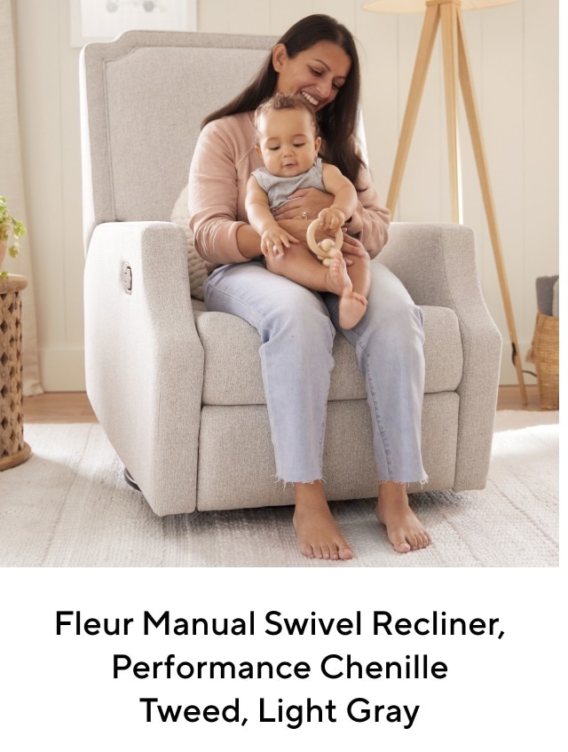 FLEUR MANUAL SWIVEL RECLINER, LIGHT GRAY PERFORMANCE CHENILLE TWEED