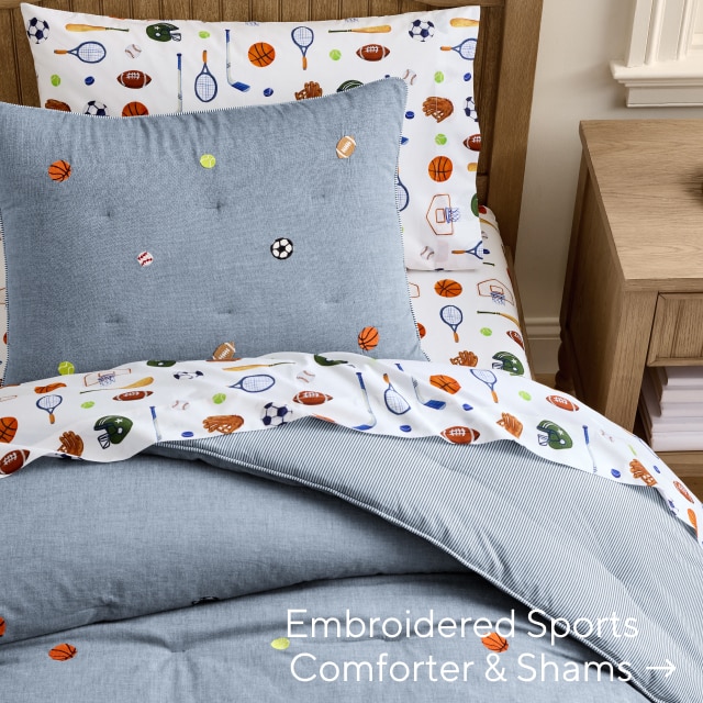 embroidered sports comforter & shams