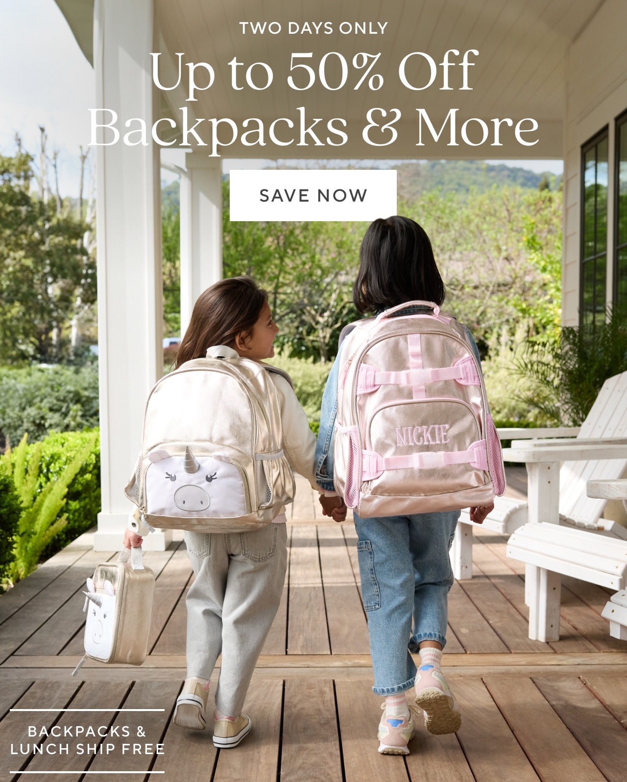 two days only. up to 50% off backpacks & more. save now
